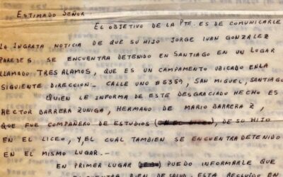Carta a padre de Jorge González Paredes informando la detención de su hijo en el Campamento de Prisioneros Tres Álamos