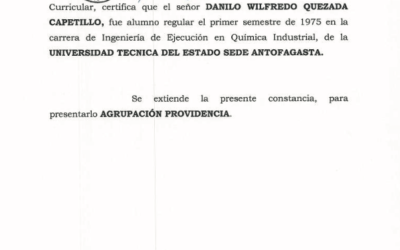 Constancia que certifica que Danilo Quezada fue alumno regular de Ingenería en Ejecución de la Universidad Técnica del Estado