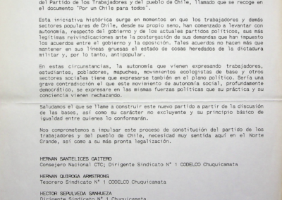Lista de adherentes de las regiones I y II al documento “Por un Chile para todos” y al llamado a constituir el partido de los trabajadores de Chile.