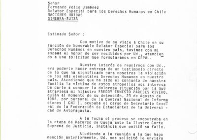 Carta a Fernando Volio, relator especial para los Derechos Humanos en Chile de la Organización de las Naciones Unidas (ONU)
