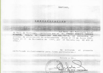 Certificado de gendarmería del proceso de eliminación de antecedentes de Freddy Paredes