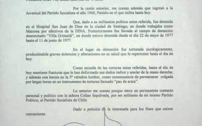 Certificado de afiliación política y detención de Gloria Collao
