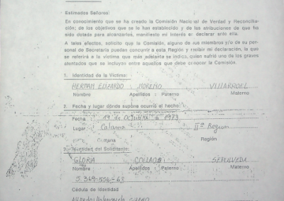 Solicitud de reconocimiento a la Comisión Nacional de Verdad y Reconciliación de Hernán Moreno Villarroel como víctima